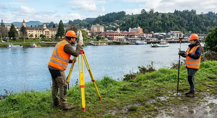 Levantamiento topográfico con estación total frente al Río Calle-Calle y Puente Pedro de Valdivia.Foto